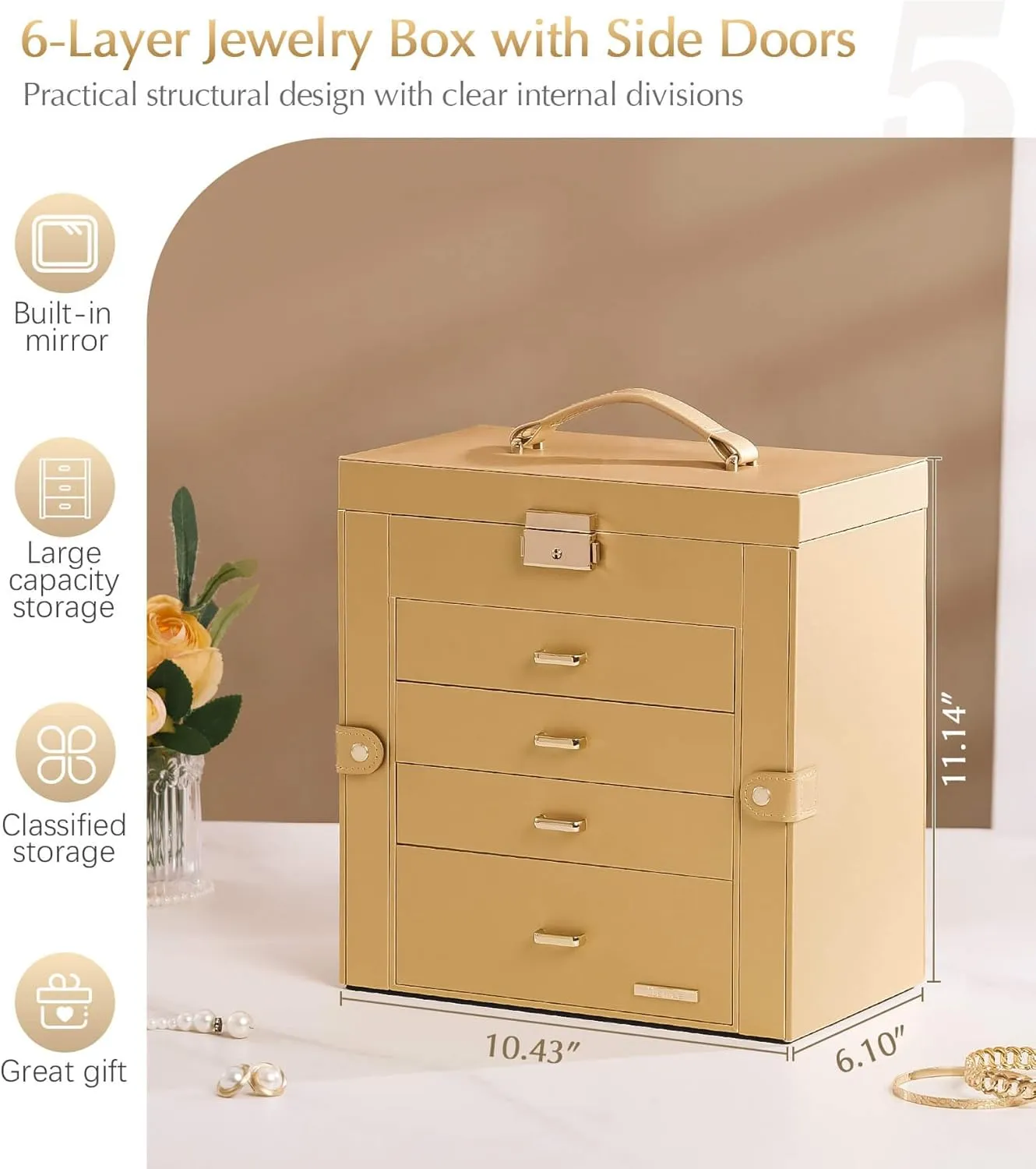 Homde Synthetic Leather Huge Jewelry Box Mirrored Watch Organizer Necklace Ring Earring Storage Lockable Gift Case (Gold)