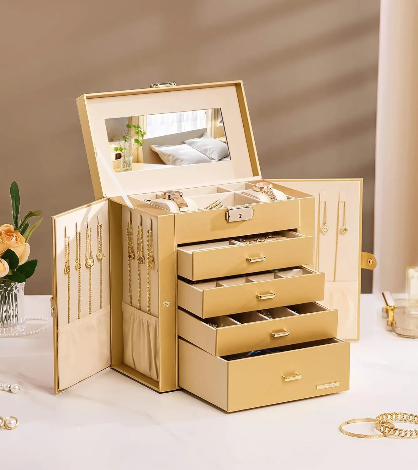 Homde Synthetic Leather Huge Jewelry Box Mirrored Watch Organizer Necklace Ring Earring Storage Lockable Gift Case (Gold)