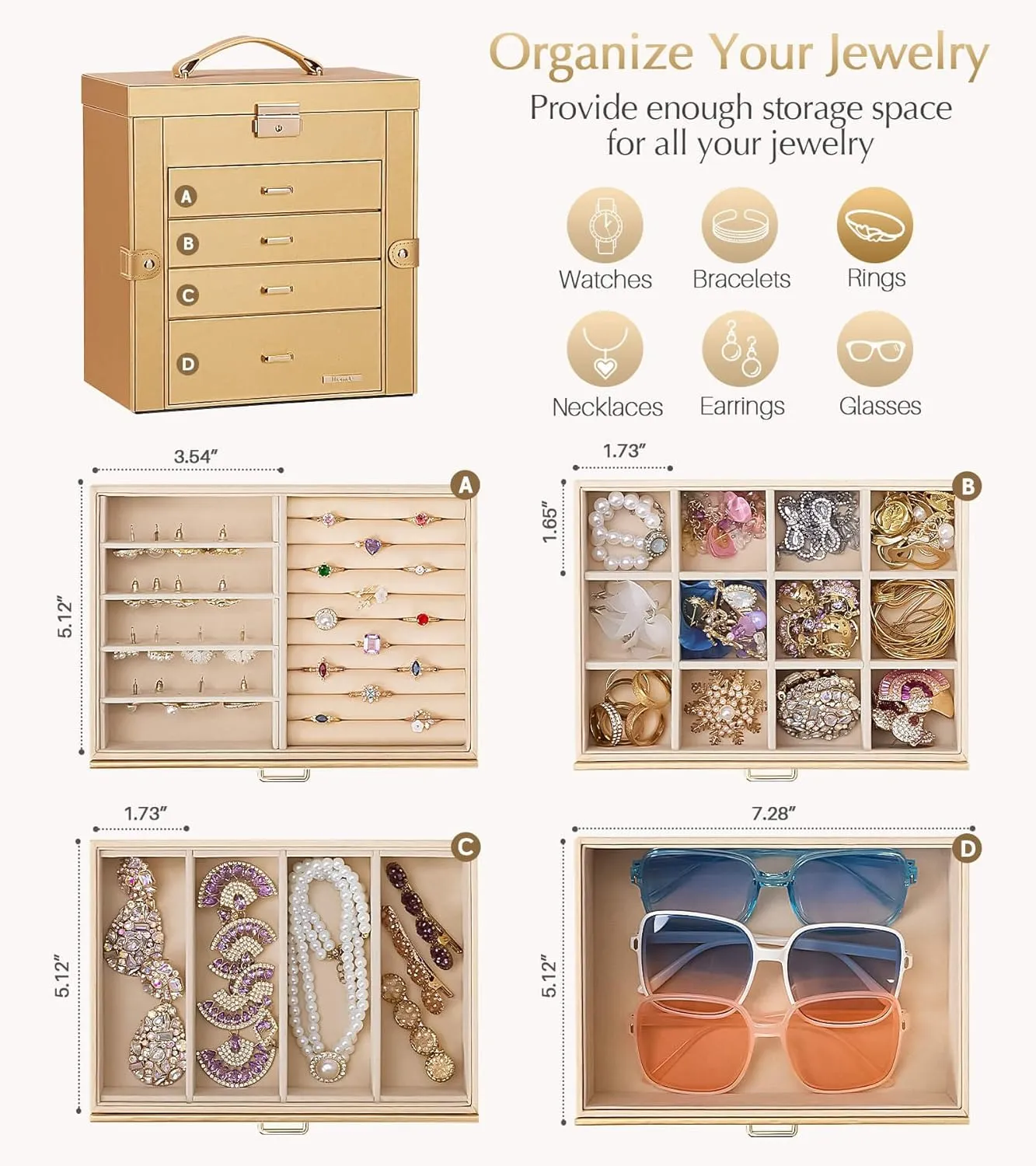 Homde Synthetic Leather Huge Jewelry Box Mirrored Watch Organizer Necklace Ring Earring Storage Lockable Gift Case (Gold)