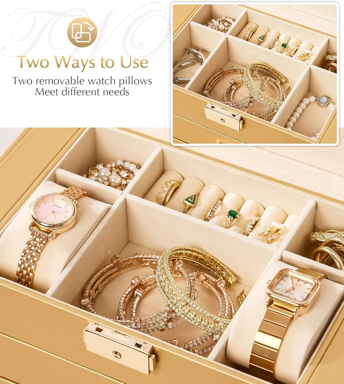 Homde Synthetic Leather Huge Jewelry Box Mirrored Watch Organizer Necklace Ring Earring Storage Lockable Gift Case (Gold)