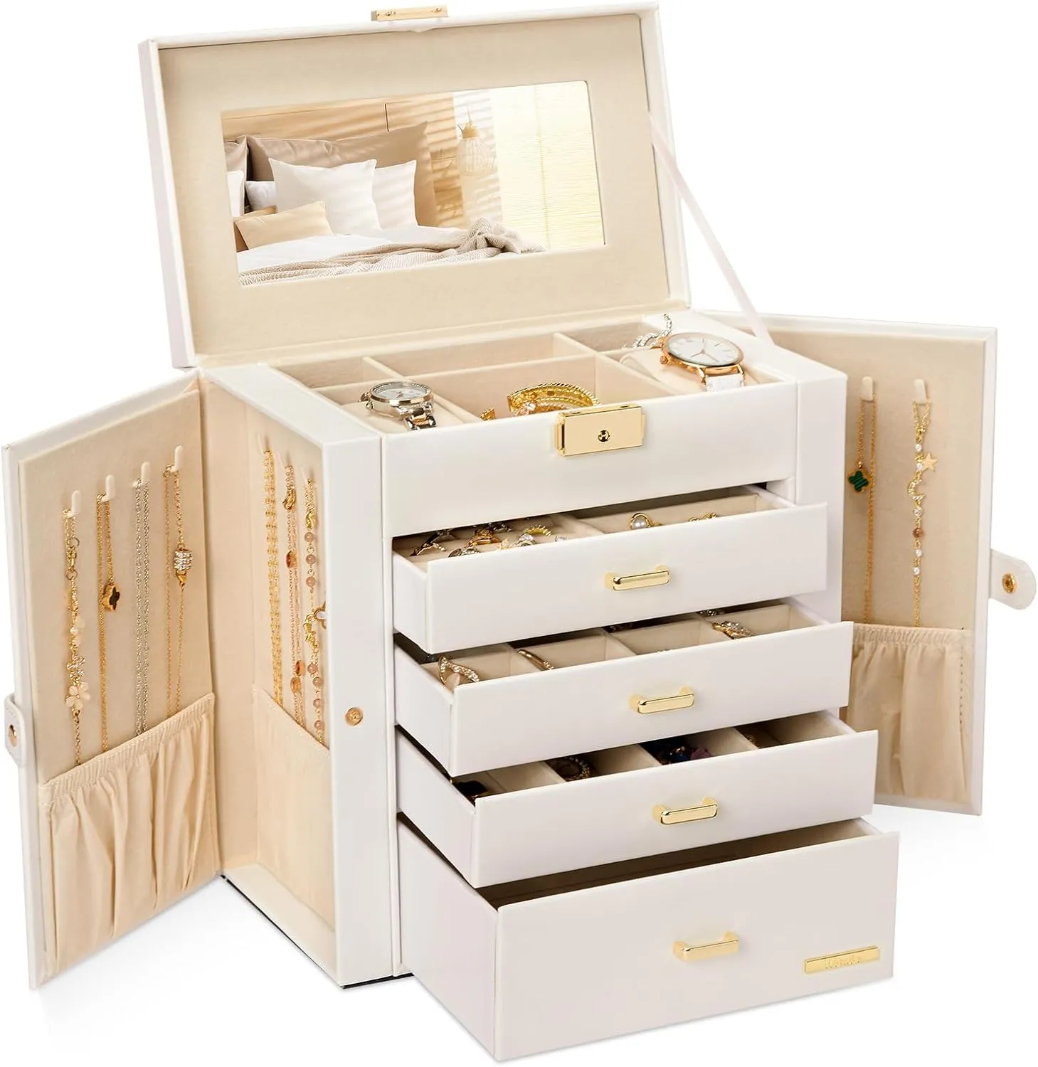 Homde Synthetic Leather Huge Jewelry Box Mirrored Watch Organizer Necklace Ring Earring Storage Lockable Gift Case (White   Gold)