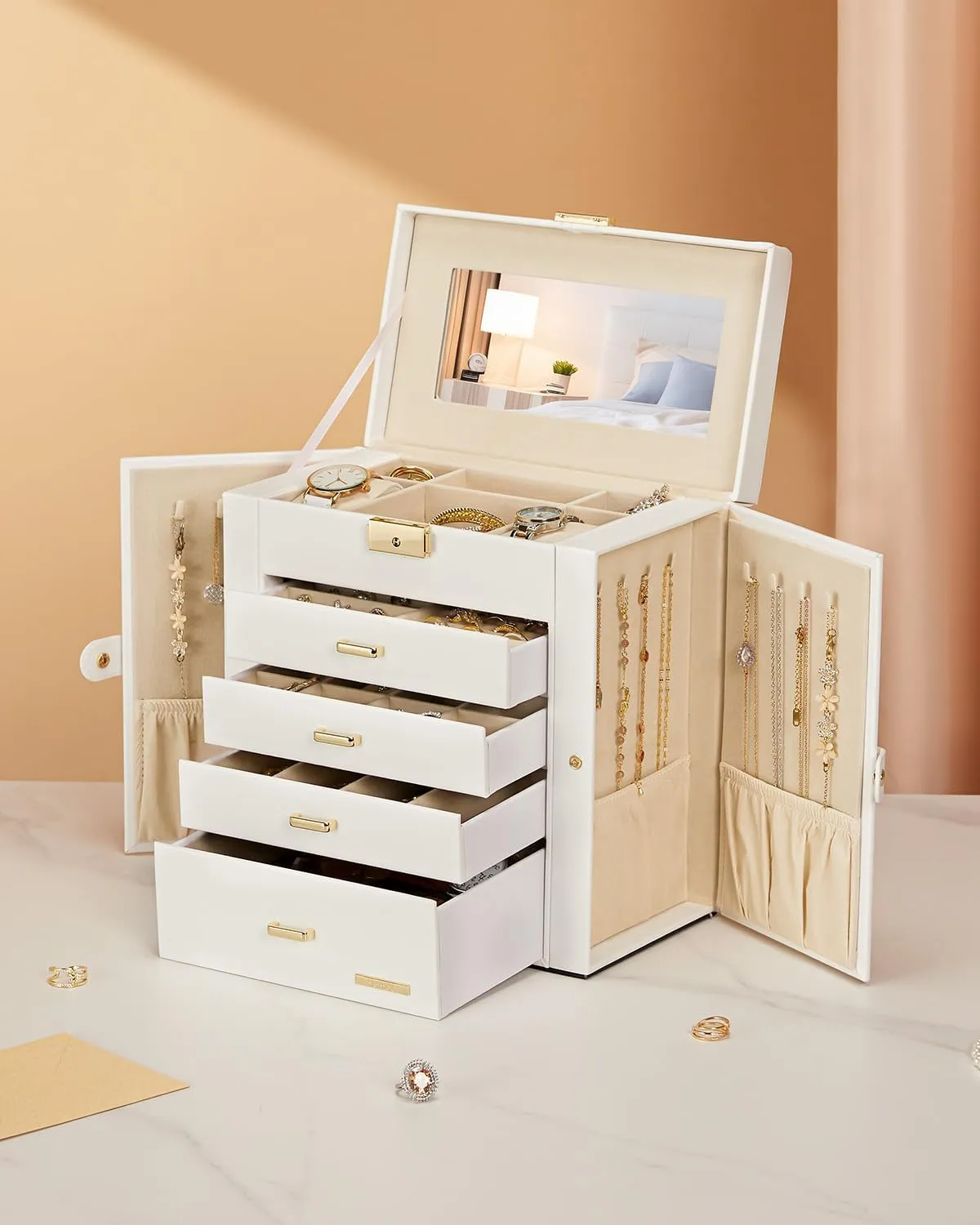 Homde Synthetic Leather Huge Jewelry Box Mirrored Watch Organizer Necklace Ring Earring Storage Lockable Gift Case (White   Gold)