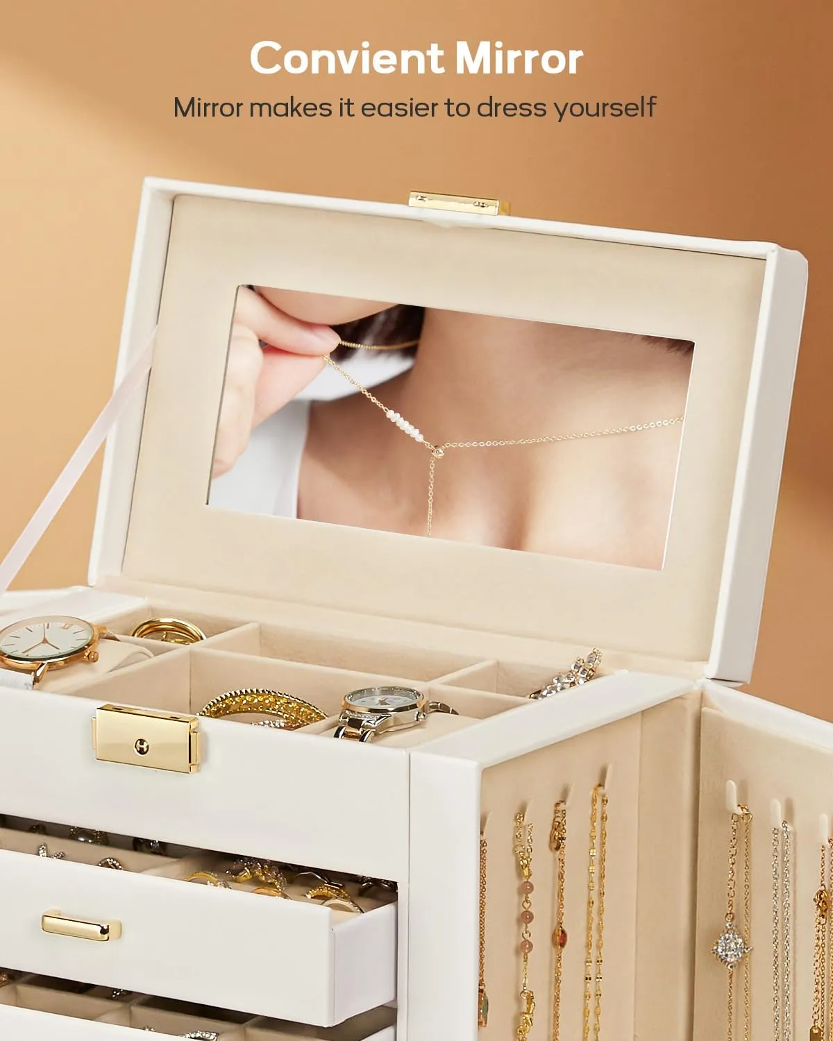 Homde Synthetic Leather Huge Jewelry Box Mirrored Watch Organizer Necklace Ring Earring Storage Lockable Gift Case (White   Gold)