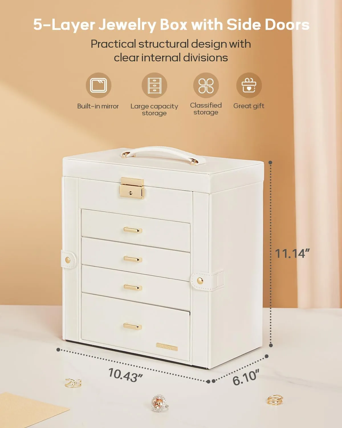 Homde Synthetic Leather Huge Jewelry Box Mirrored Watch Organizer Necklace Ring Earring Storage Lockable Gift Case (White   Gold)