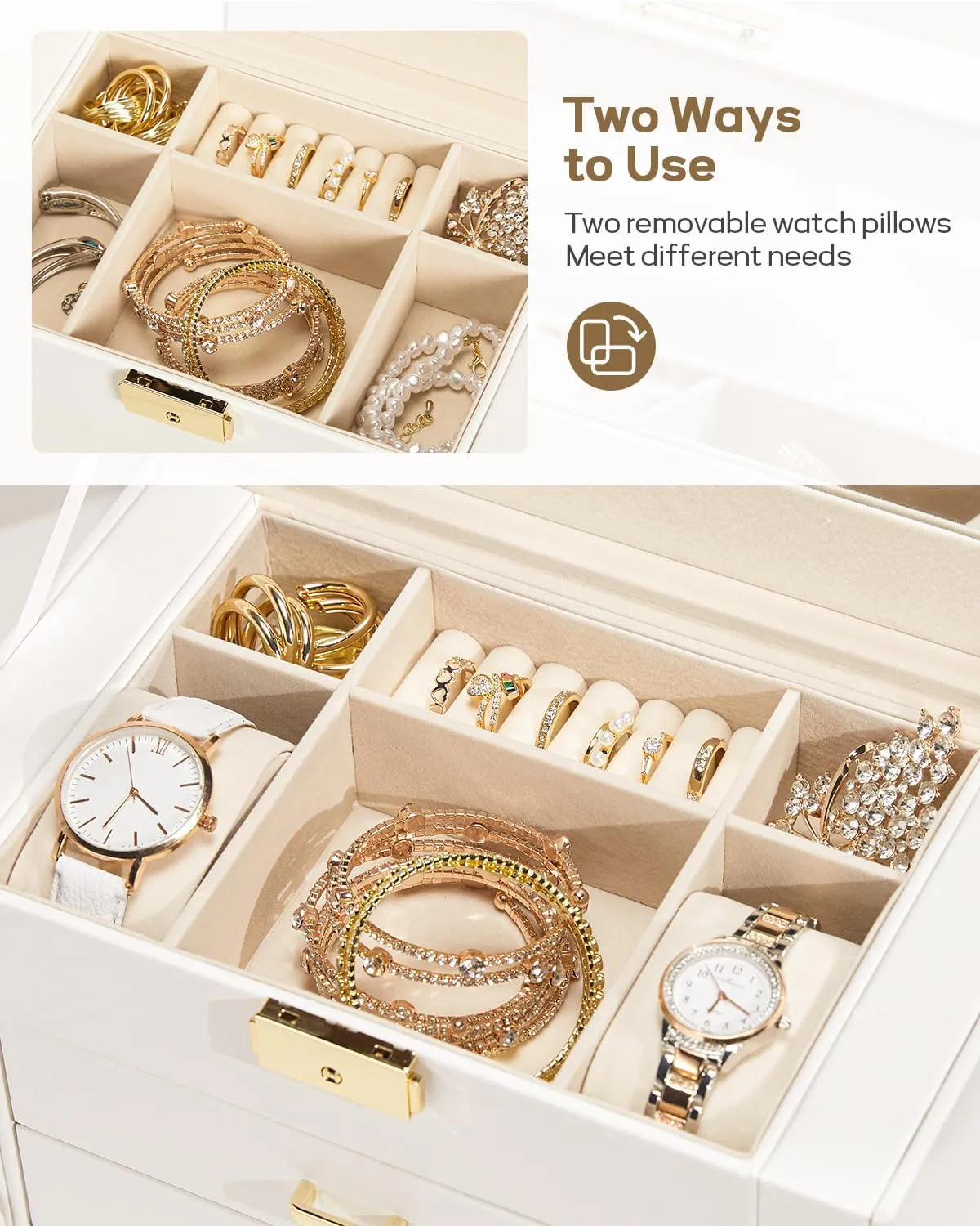 Homde Synthetic Leather Huge Jewelry Box Mirrored Watch Organizer Necklace Ring Earring Storage Lockable Gift Case (White   Gold)