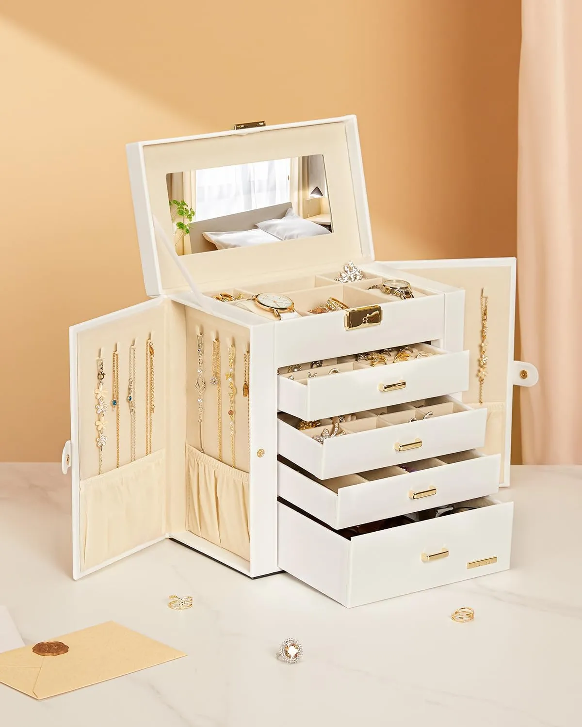 Homde Synthetic Leather Huge Jewelry Box Mirrored Watch Organizer Necklace Ring Earring Storage Lockable Gift Case (White   Gold)