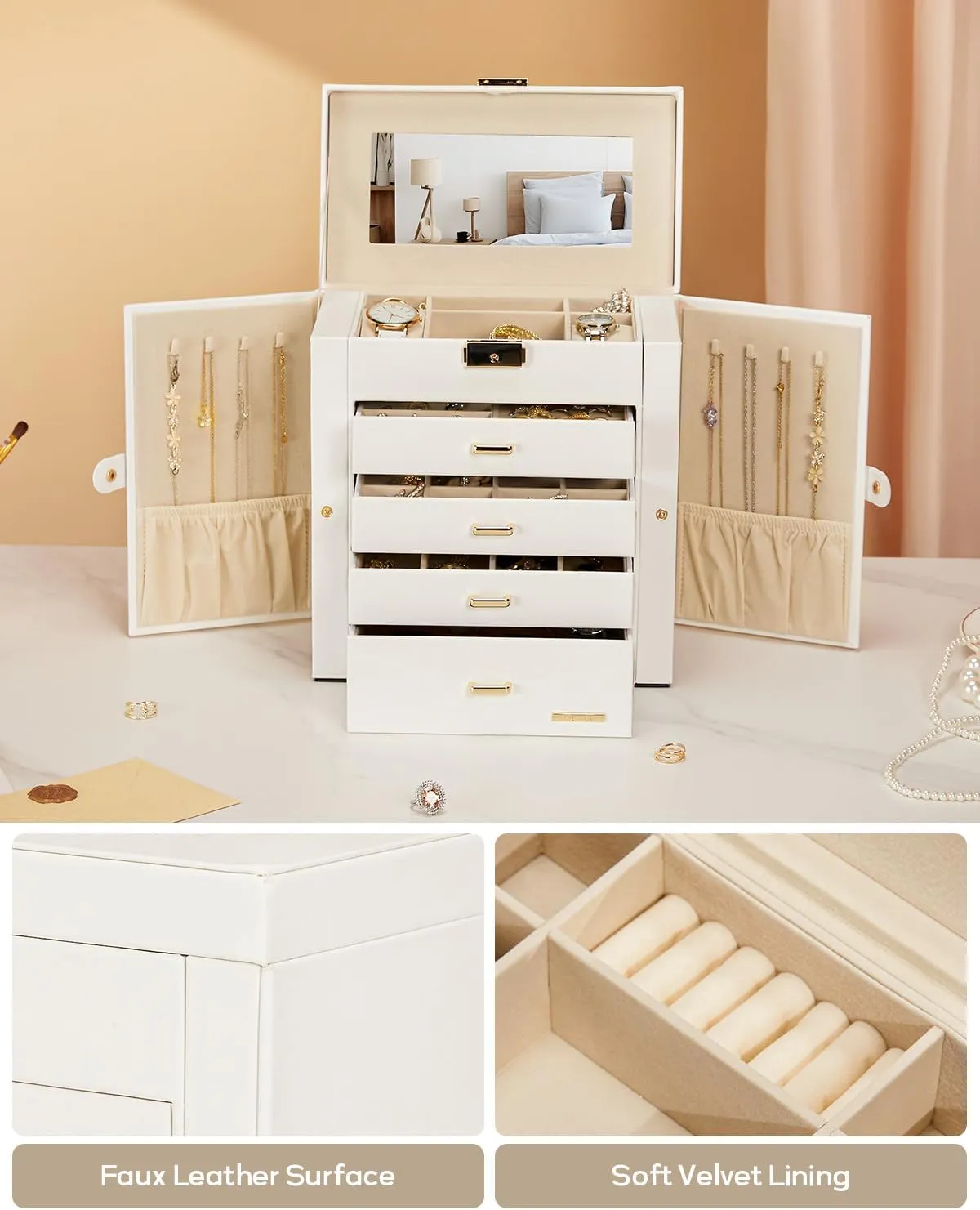 Homde Synthetic Leather Huge Jewelry Box Mirrored Watch Organizer Necklace Ring Earring Storage Lockable Gift Case (White   Gold)