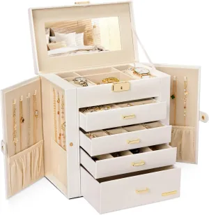 Homde Synthetic Leather Huge Jewelry Box Mirrored Watch Organizer Necklace Ring Earring Storage Lockable Gift Case (White   Gold)