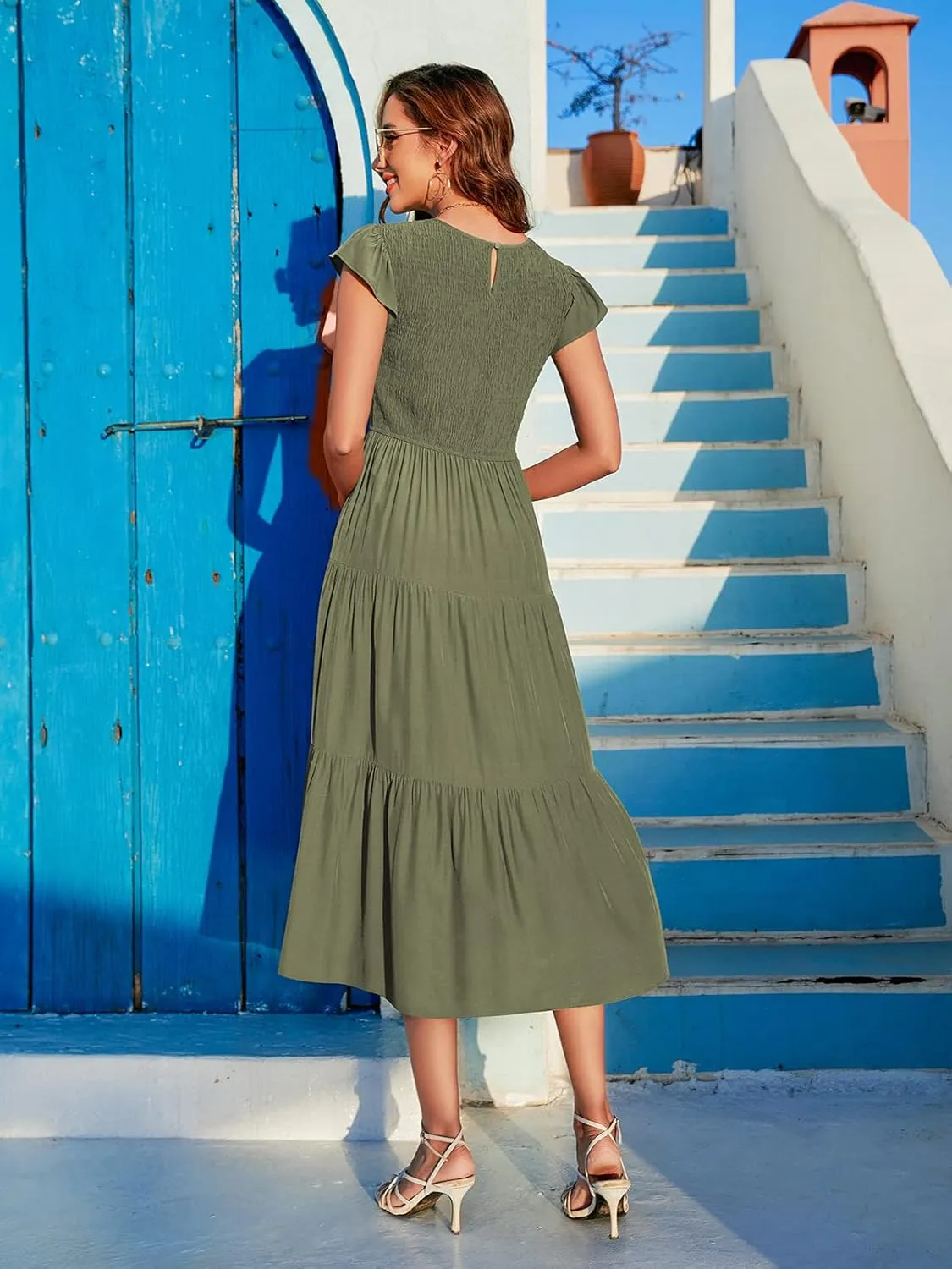Hount Women's Casual Midi Dress Fultter Short Sleeve Elastic Waist Summer Tiered Smocked Dress with Pockets