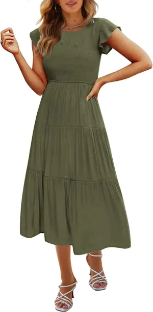 Hount Women's Casual Midi Dress Fultter Short Sleeve Elastic Waist Summer Tiered Smocked Dress with Pockets