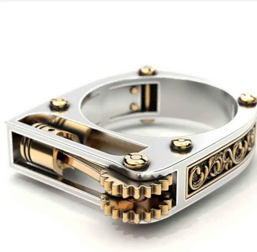 HUKQBUNX 925 Sterling Silver unique design mechanical gear Steampunk two-color men's and women's universal ring size 6-10