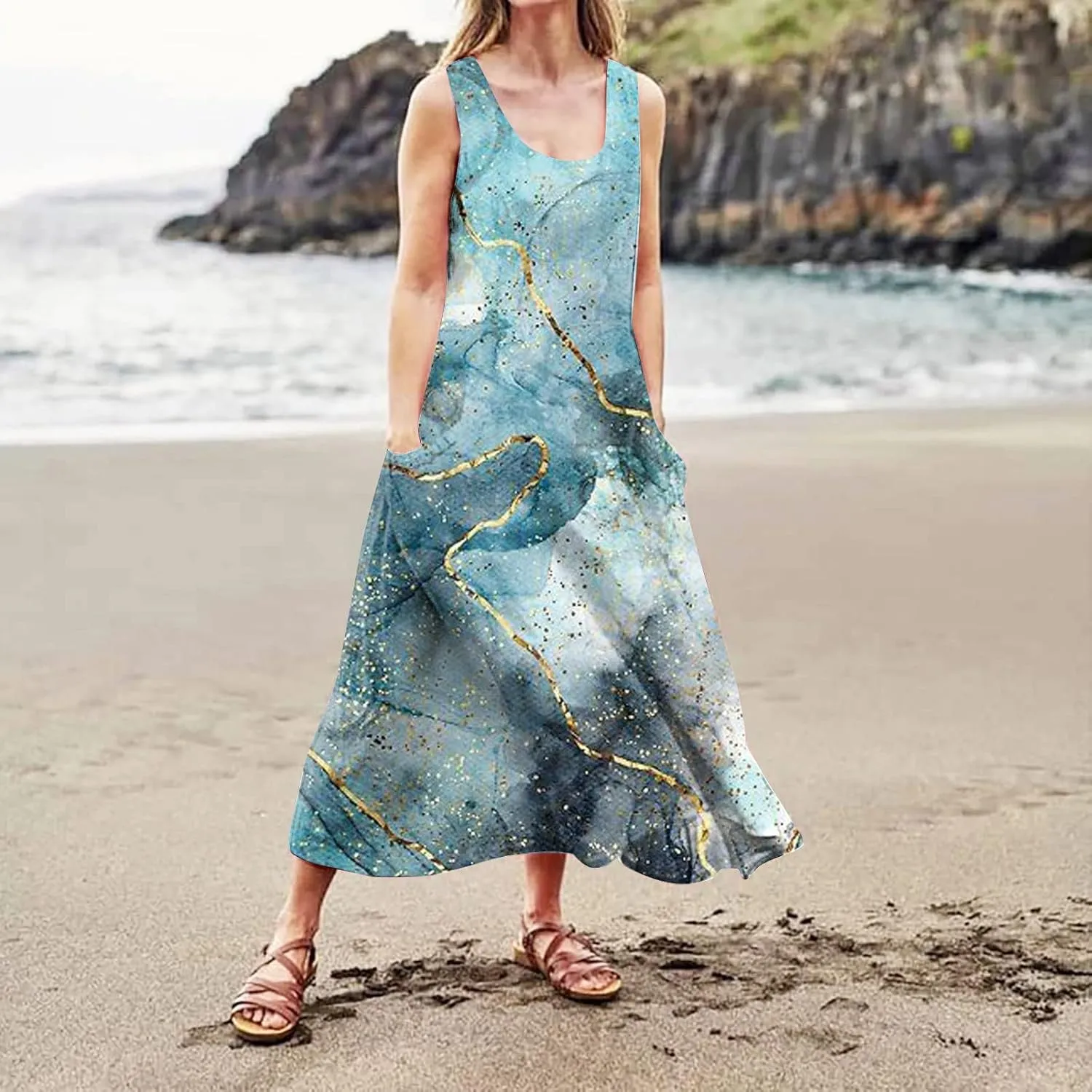 HXHYQKP Plus Size Dresses for Curvy Women - Sleeveless Summer Maxi Sun Dresses with Pockets