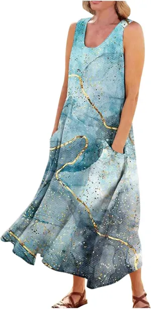 HXHYQKP Plus Size Dresses for Curvy Women - Sleeveless Summer Maxi Sun Dresses with Pockets