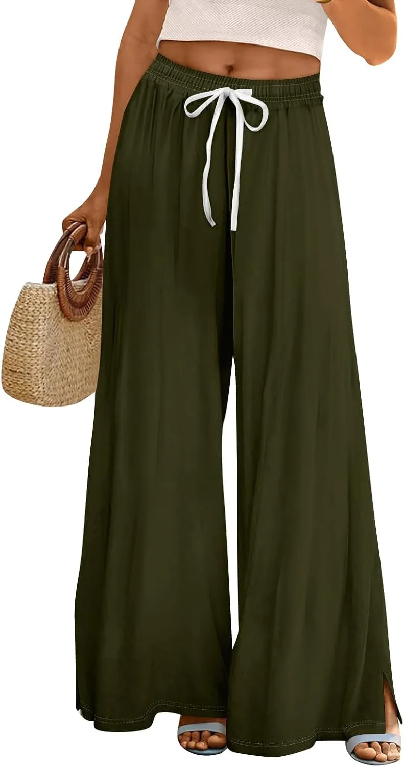 HXHYQKP Wide Leg Pants for Women Summer Beach Palazzo Pants High Elastic Waist Drawstring Trouser with Pockets