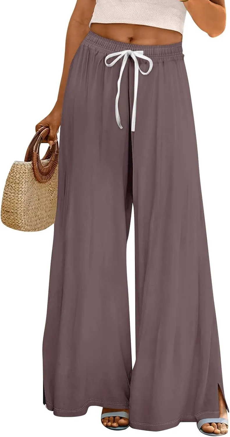 HXHYQKP Wide Leg Pants for Women Summer Beach Palazzo Pants High Elastic Waist Drawstring Trouser with Pockets