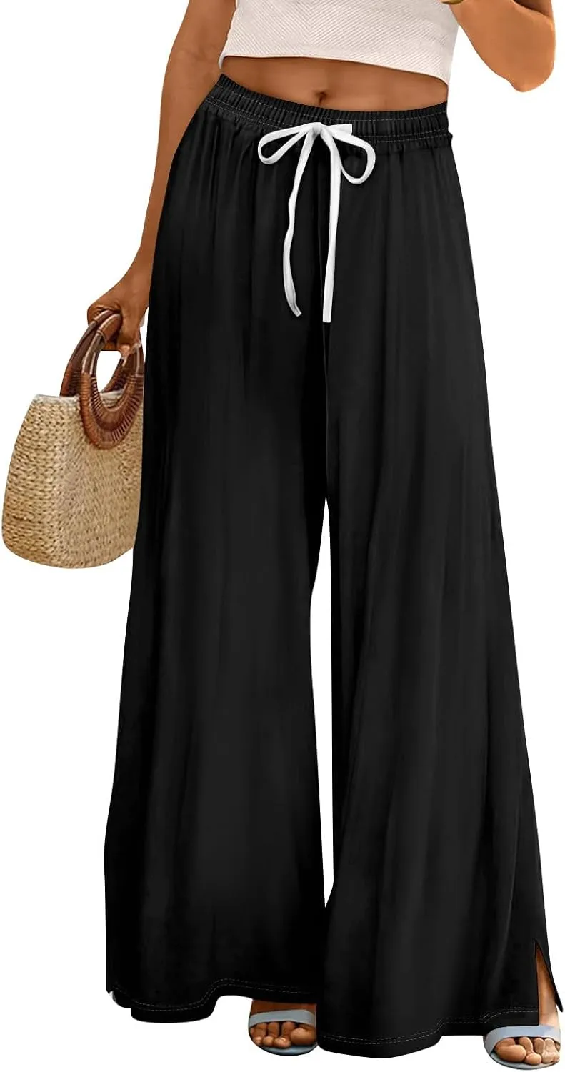 HXHYQKP Wide Leg Pants for Women Summer Beach Palazzo Pants High Elastic Waist Drawstring Trouser with Pockets