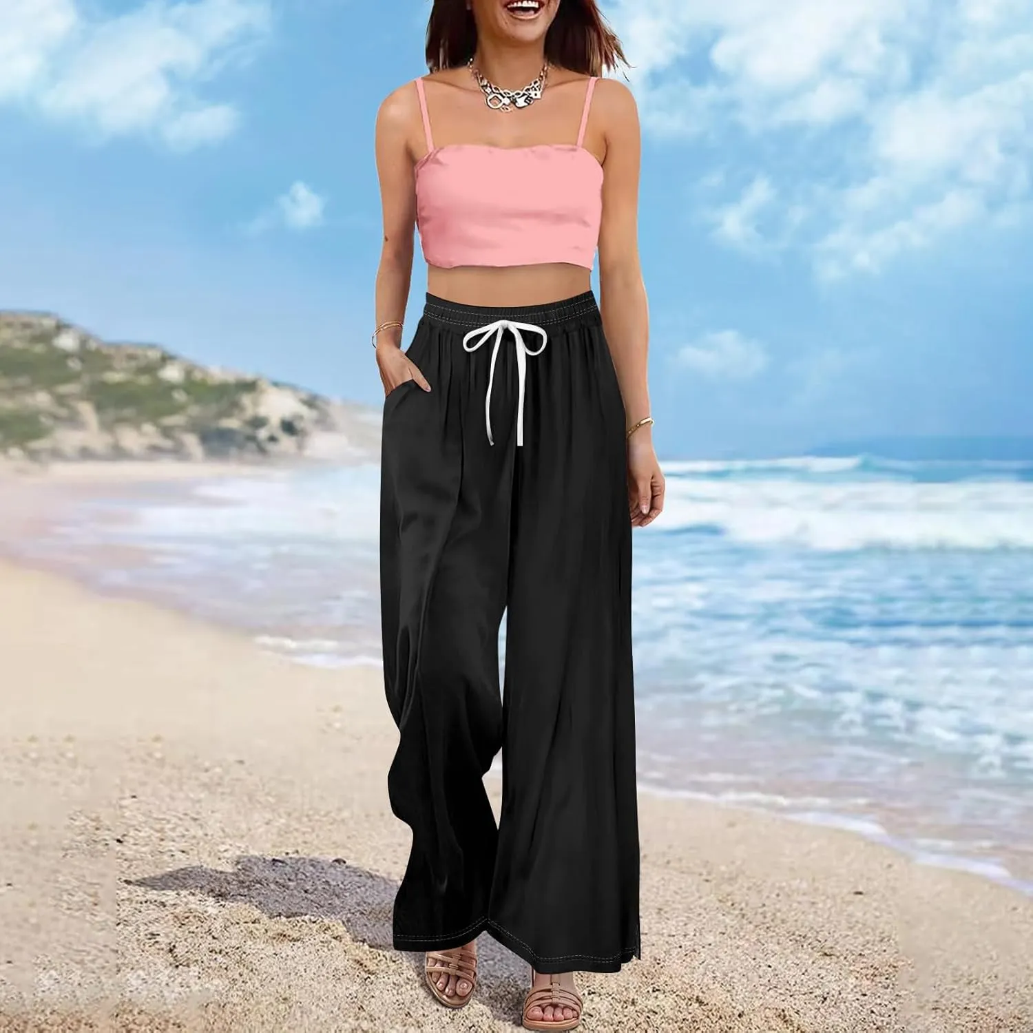 HXHYQKP Wide Leg Pants for Women Summer Beach Palazzo Pants High Elastic Waist Drawstring Trouser with Pockets