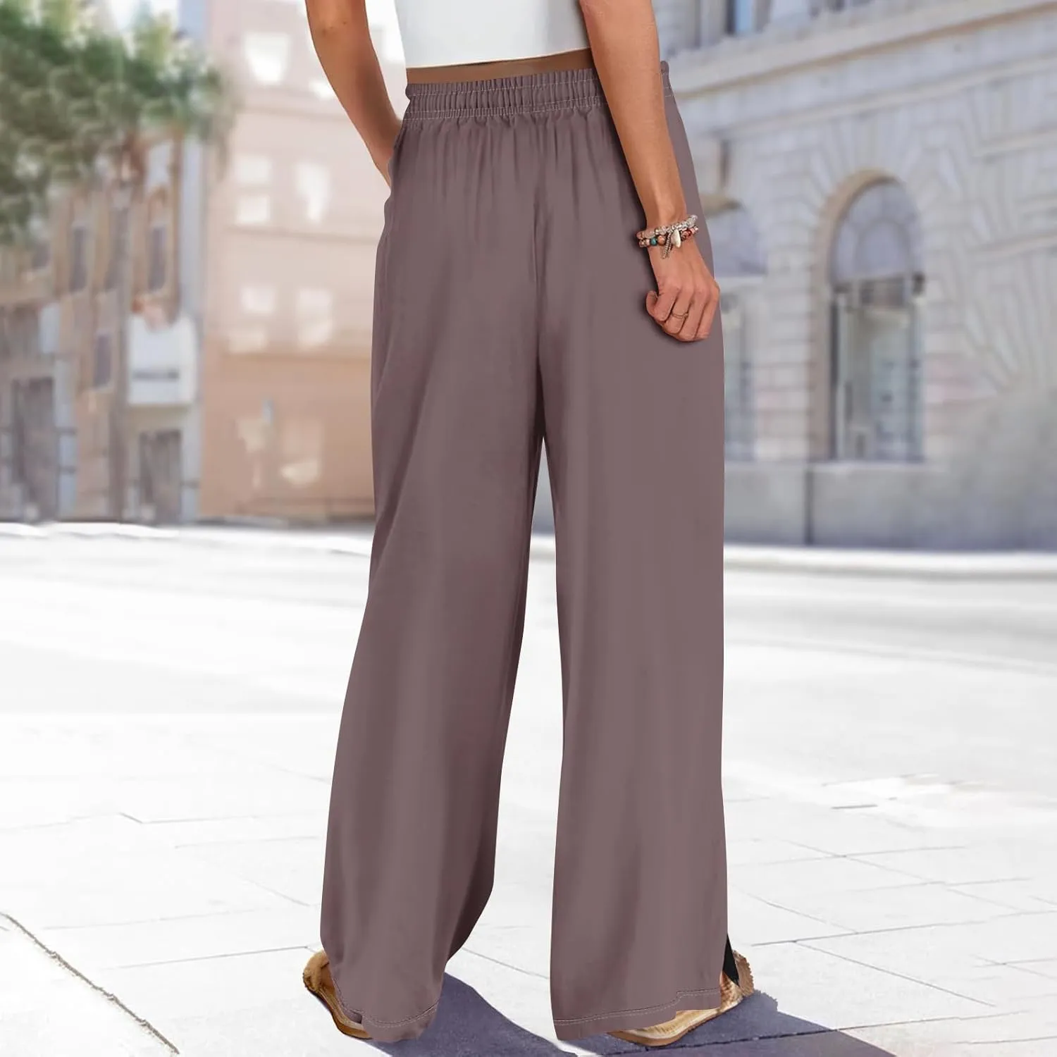 HXHYQKP Wide Leg Pants for Women Summer Beach Palazzo Pants High Elastic Waist Drawstring Trouser with Pockets