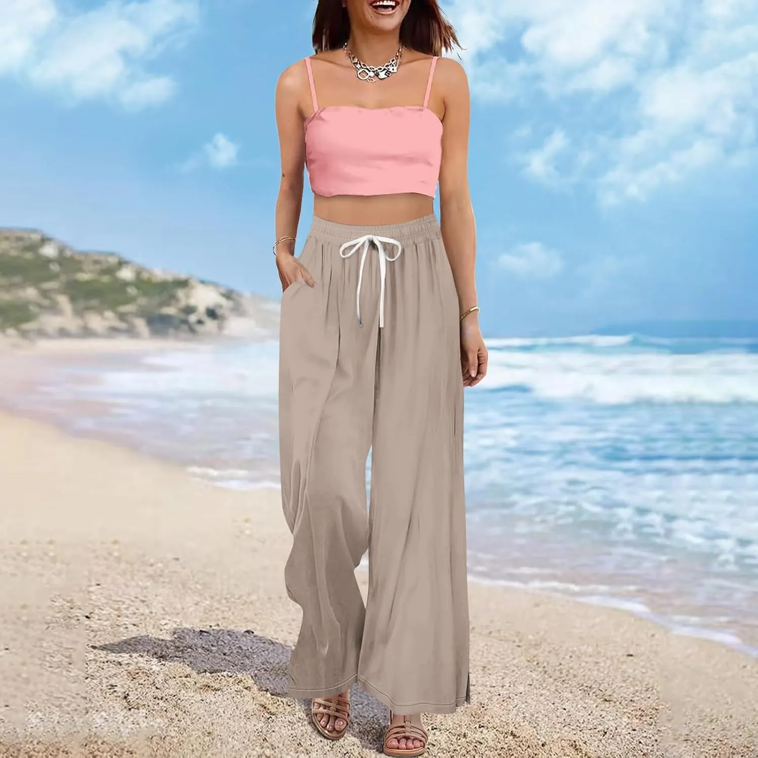 HXHYQKP Wide Leg Pants for Women Summer Beach Palazzo Pants High Elastic Waist Drawstring Trouser with Pockets