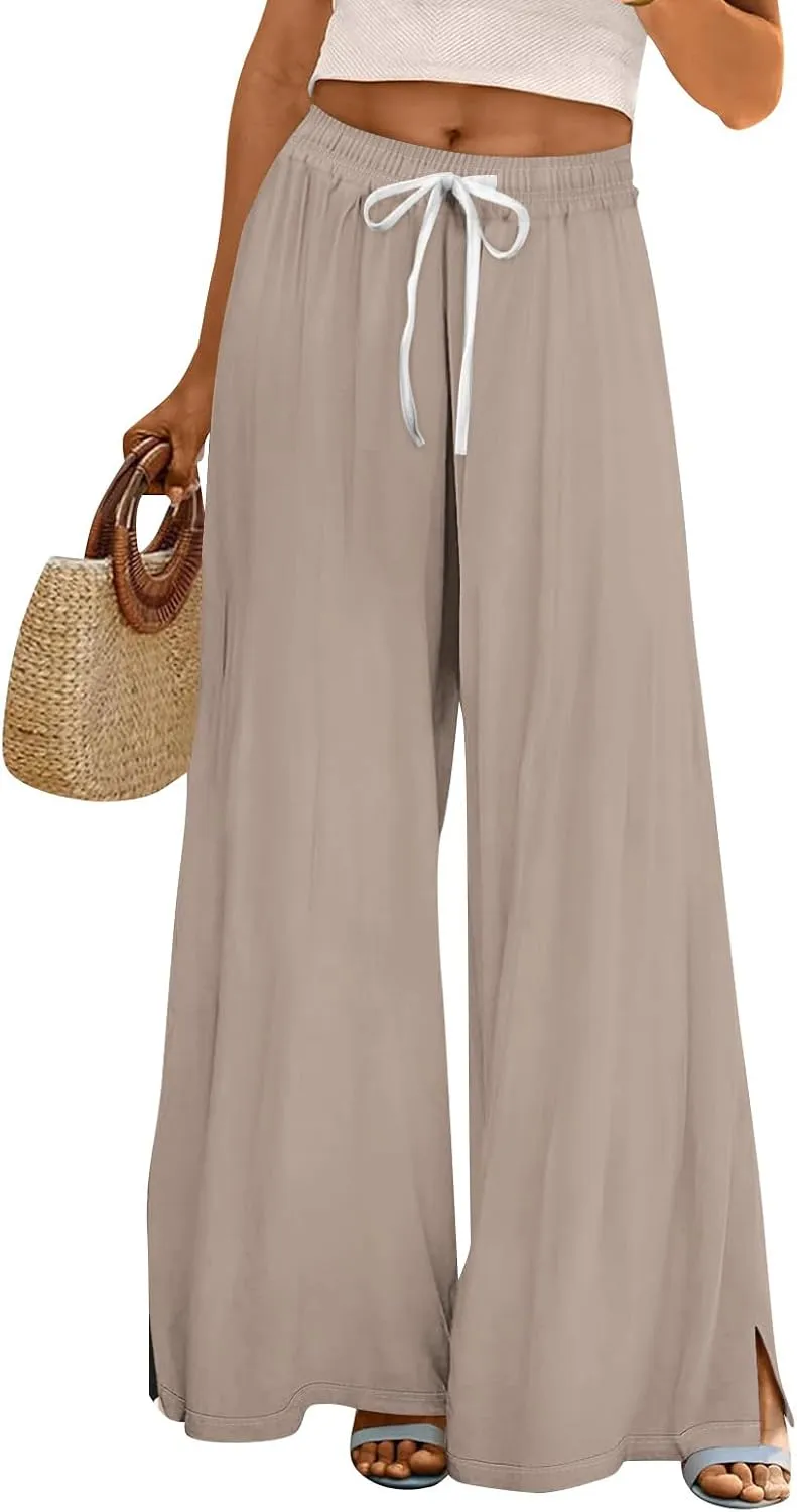 HXHYQKP Wide Leg Pants for Women Summer Beach Palazzo Pants High Elastic Waist Drawstring Trouser with Pockets
