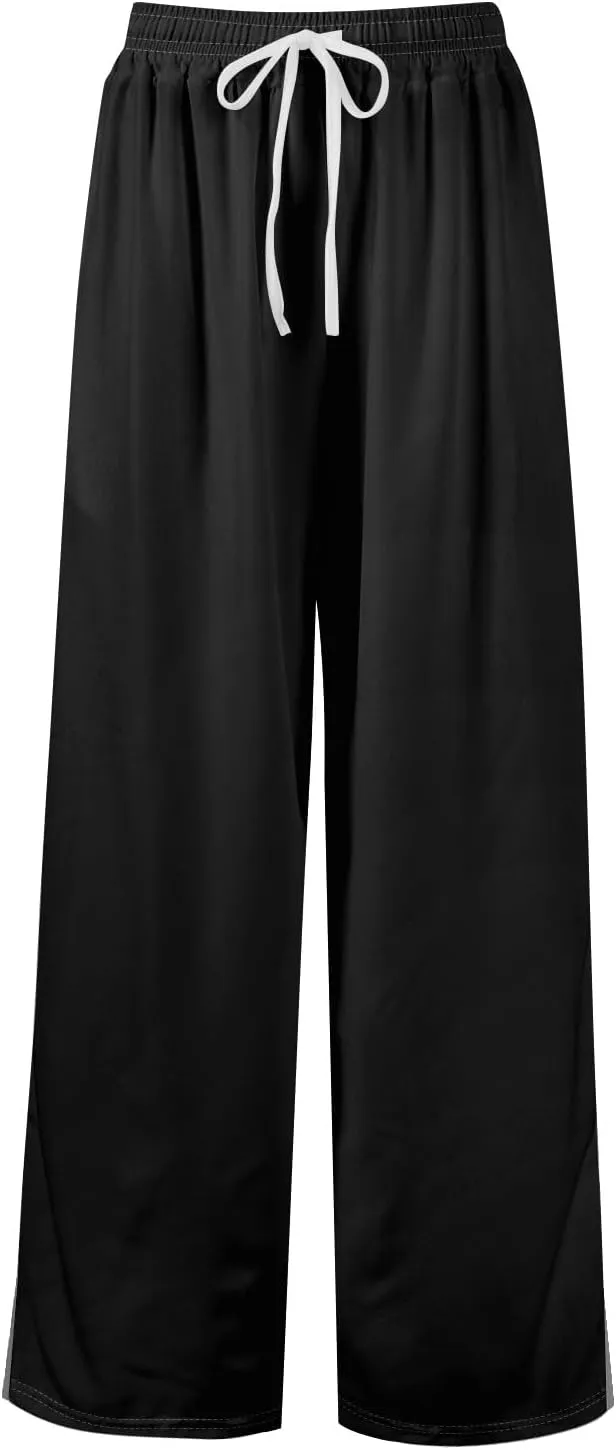 HXHYQKP Wide Leg Pants for Women Summer Beach Palazzo Pants High Elastic Waist Drawstring Trouser with Pockets