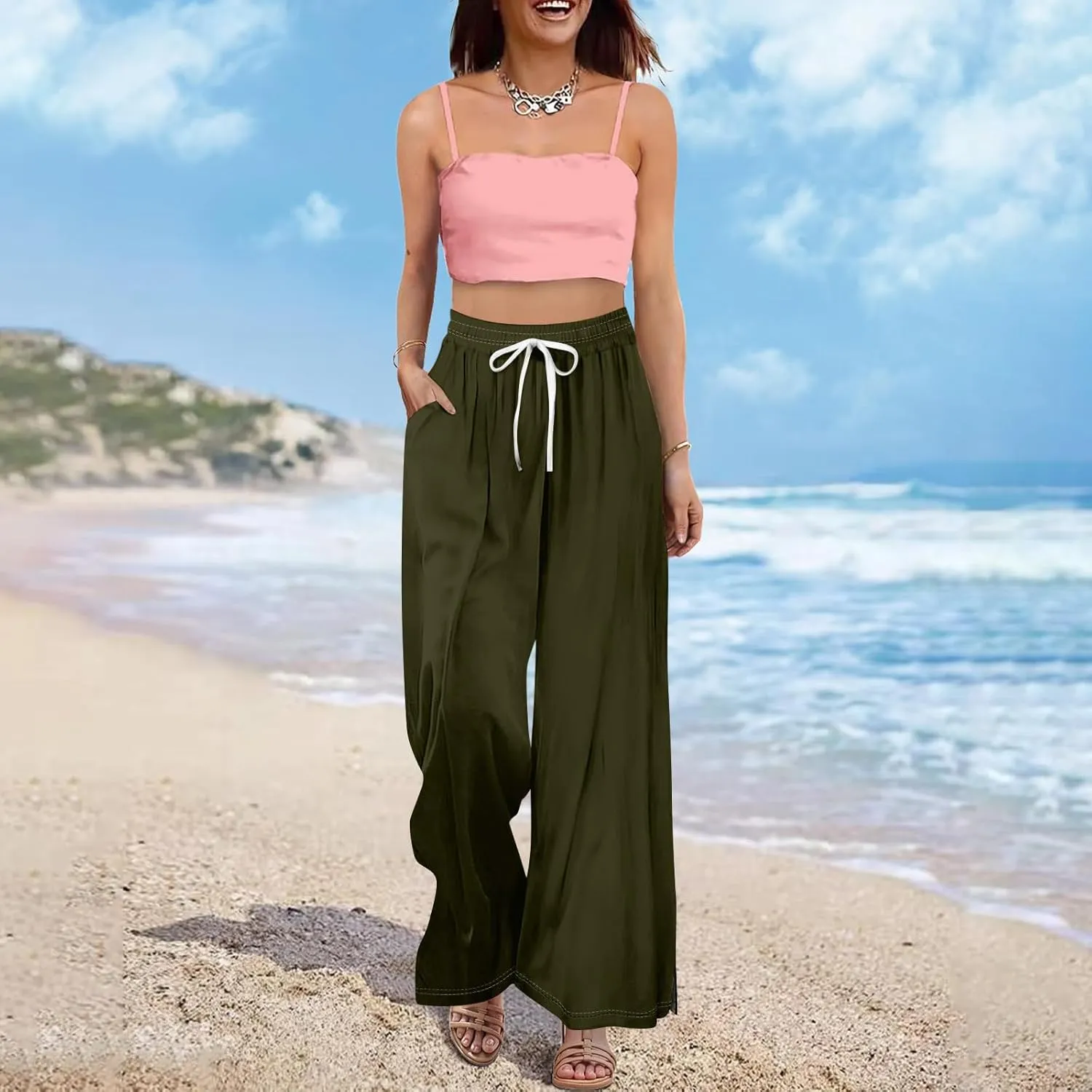 HXHYQKP Wide Leg Pants for Women Summer Beach Palazzo Pants High Elastic Waist Drawstring Trouser with Pockets