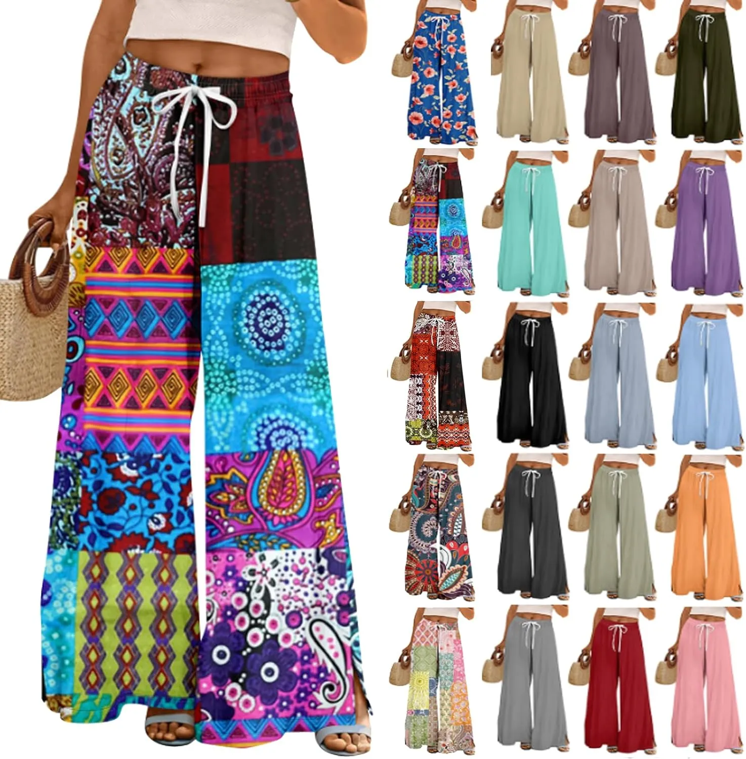 HXHYQKP Wide Leg Pants for Women Summer Beach Palazzo Pants High Elastic Waist Drawstring Trouser with Pockets