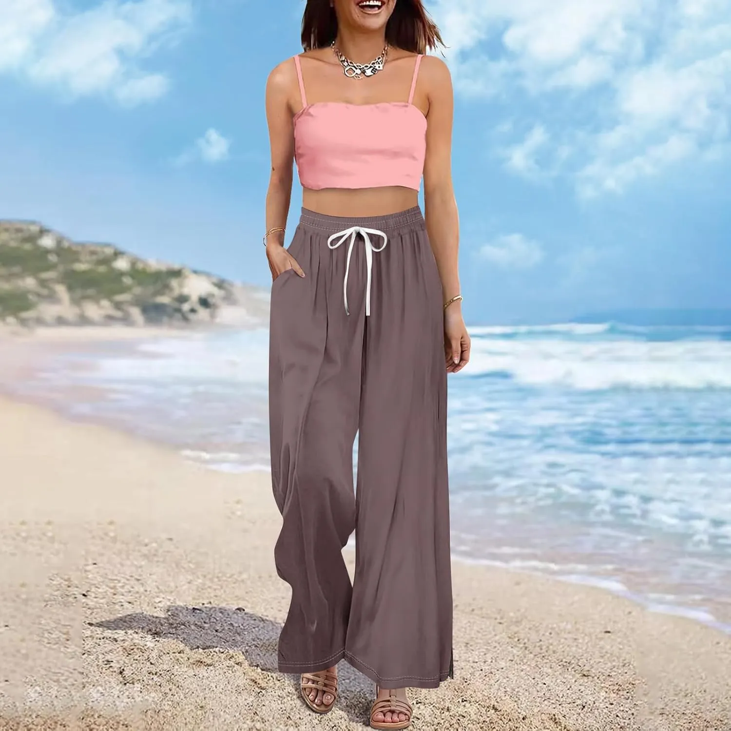 HXHYQKP Wide Leg Pants for Women Summer Beach Palazzo Pants High Elastic Waist Drawstring Trouser with Pockets