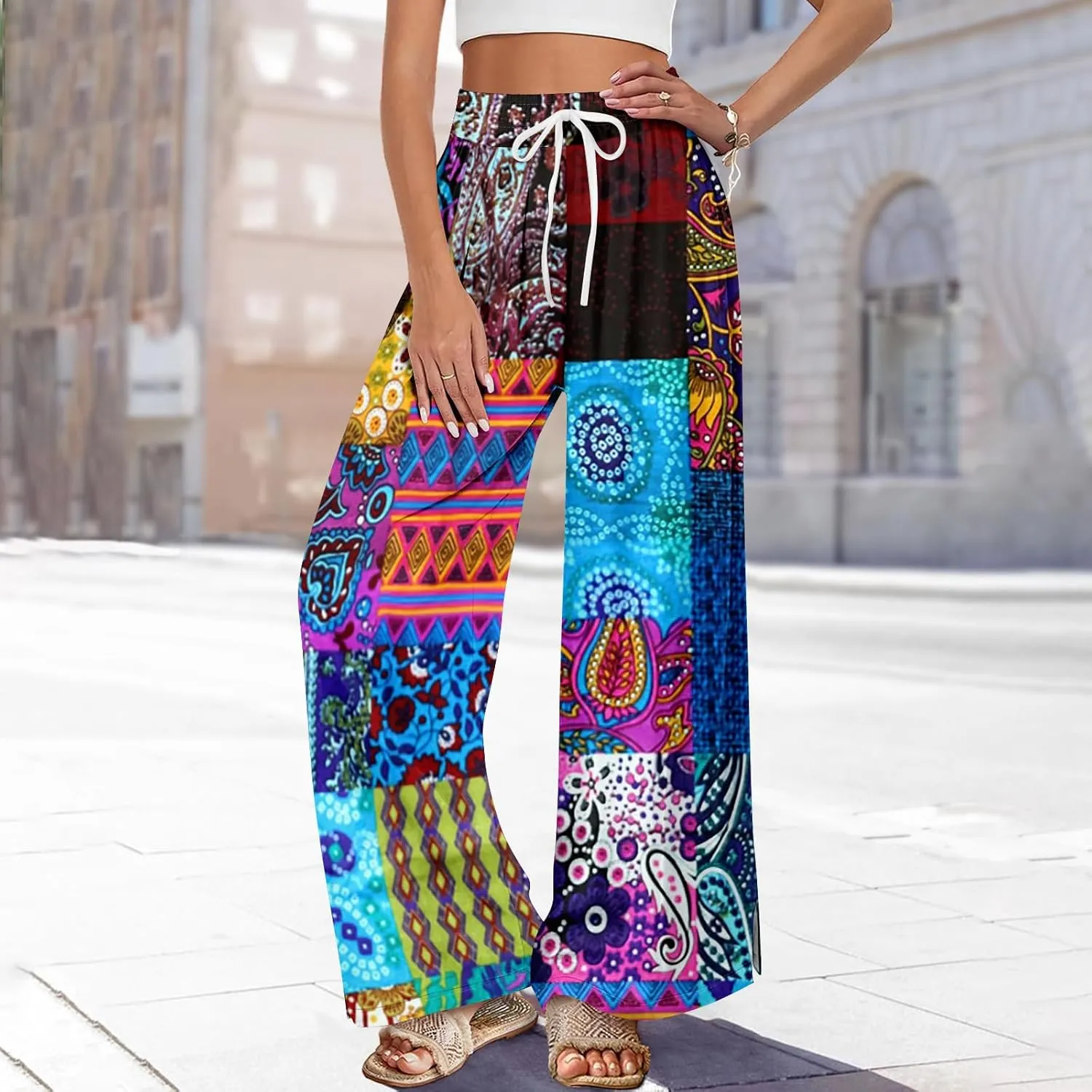 HXHYQKP Wide Leg Pants for Women Summer Beach Palazzo Pants High Elastic Waist Drawstring Trouser with Pockets