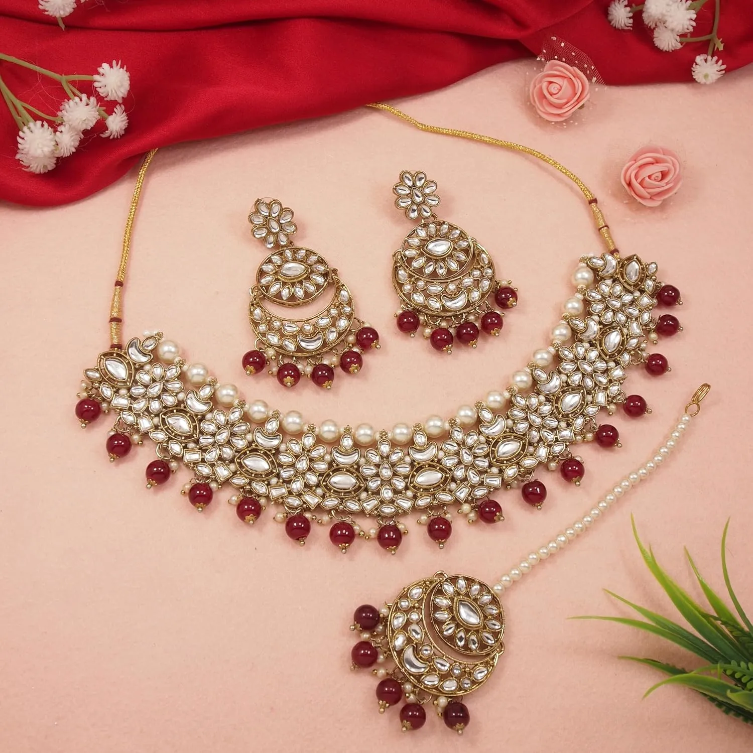 I Jewels Gold Plated Unique Design Multi layer Statement Handmade Choker Necklace Jewellery & Jhumka Earring Set For Women
