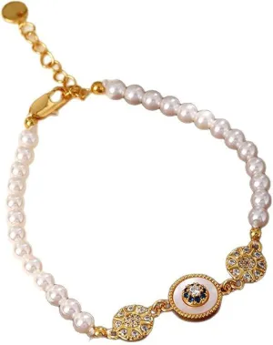 Imitation Pearl & Zircon Shell Charm Bracelet - Vintage Golden Jewelry for Women, Elegant Adjustable Chain for Dates & Celebrations