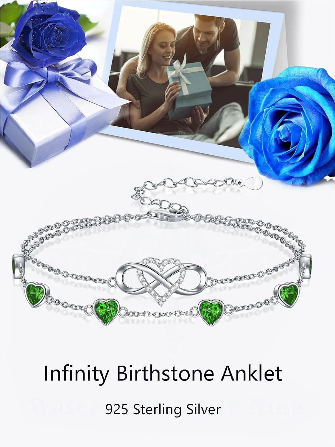 Infinity Heart Birthstone Charm Link Anklets/Bracelets for Women 925 Sterling Silver Adjustable Anniversary Birthday Gifts Mother's Day Jewelry Gift for Mom Women Wife Her Friends