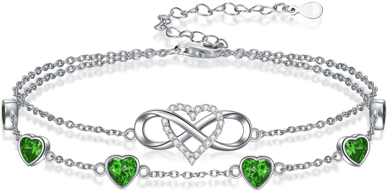 Infinity Heart Birthstone Charm Link Anklets/Bracelets for Women 925 Sterling Silver Adjustable Anniversary Birthday Gifts Mother's Day Jewelry Gift for Mom Women Wife Her Friends