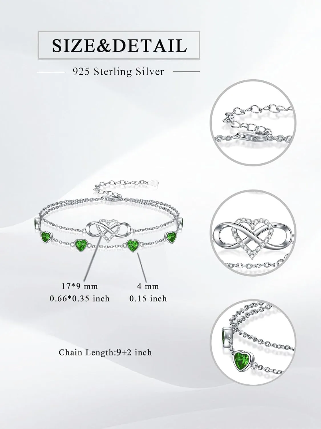 Infinity Heart Birthstone Charm Link Anklets/Bracelets for Women 925 Sterling Silver Adjustable Anniversary Birthday Gifts Mother's Day Jewelry Gift for Mom Women Wife Her Friends