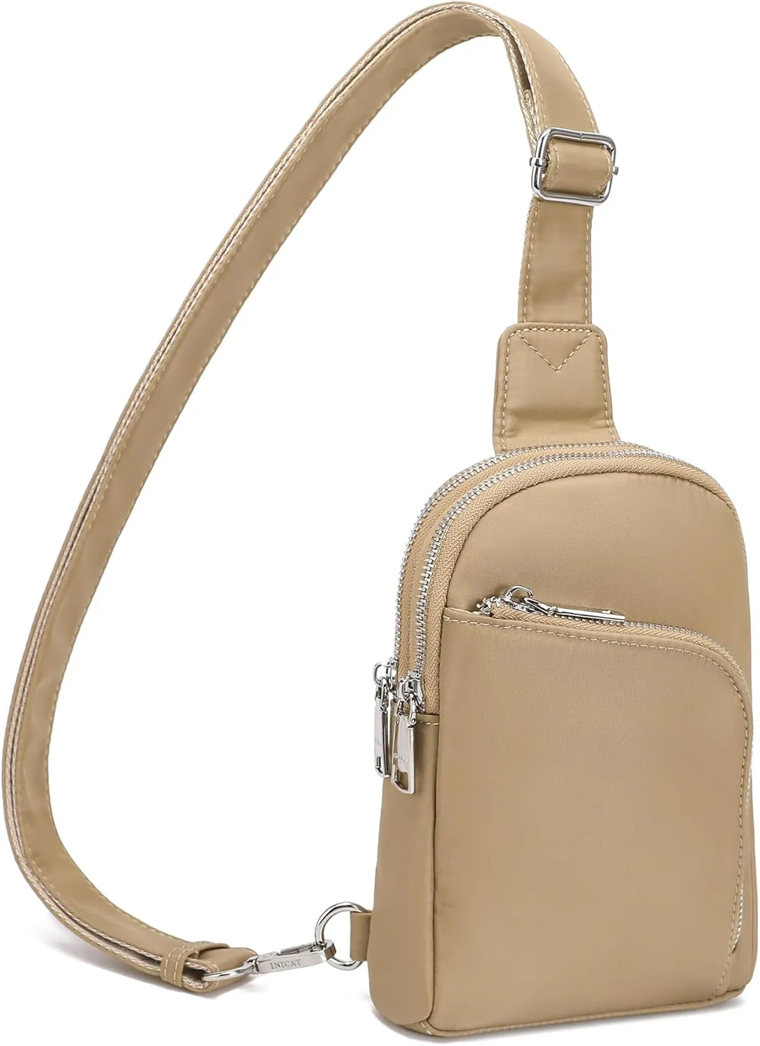 INICAT RFID Blocking Nylon Crossbody Bag for Women Small Sling Bag Travel Fanny Packs Belt Bag(Khaki N)