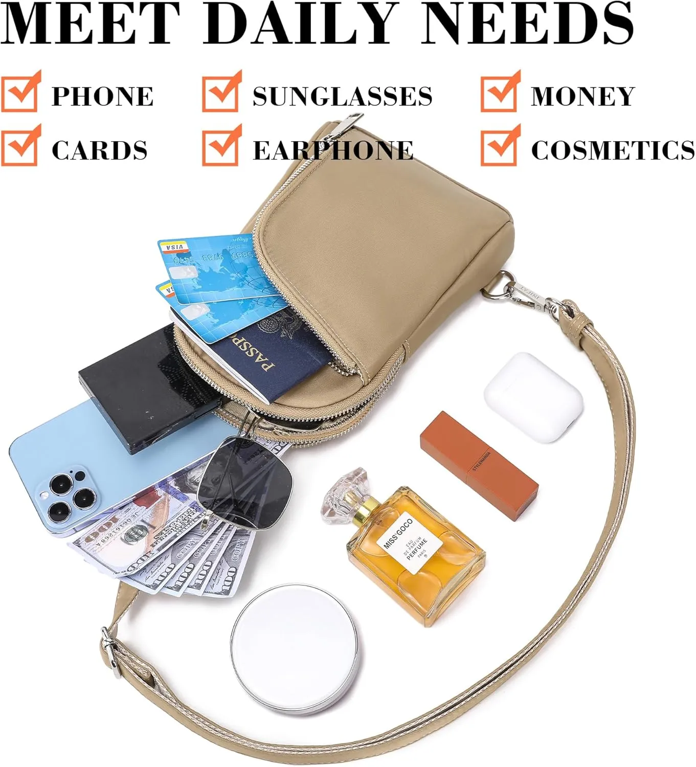 INICAT RFID Blocking Nylon Crossbody Bag for Women Small Sling Bag Travel Fanny Packs Belt Bag(Khaki N)
