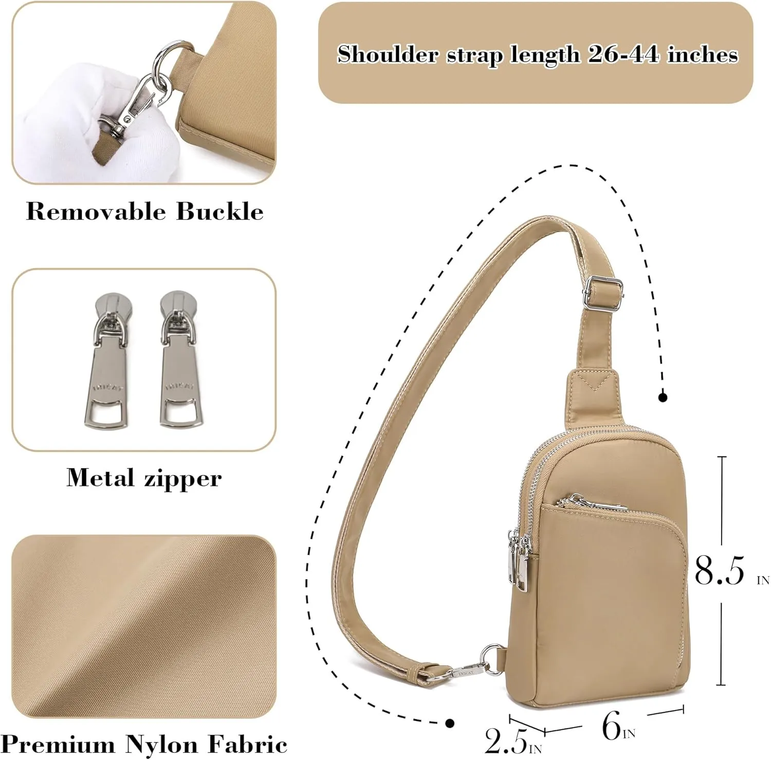 INICAT RFID Blocking Nylon Crossbody Bag for Women Small Sling Bag Travel Fanny Packs Belt Bag(Khaki N)