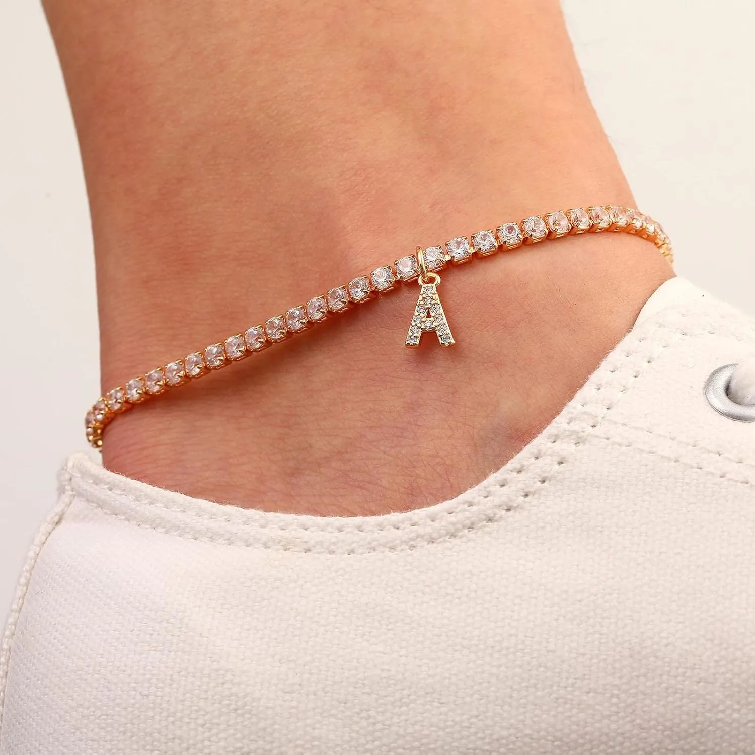 Initial Ankle Bracelet Gold Crystal Chain Tennis Anklet CZ Letter A Ankle Chain Hip Hop Diamond A Alphabet Anklet Beach Wedding Foot Jewelry for Women