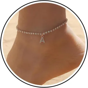 Initial Ankle Bracelet Gold Crystal Chain Tennis Anklet CZ Letter A Ankle Chain Hip Hop Diamond A Alphabet Anklet Beach Wedding Foot Jewelry for Women