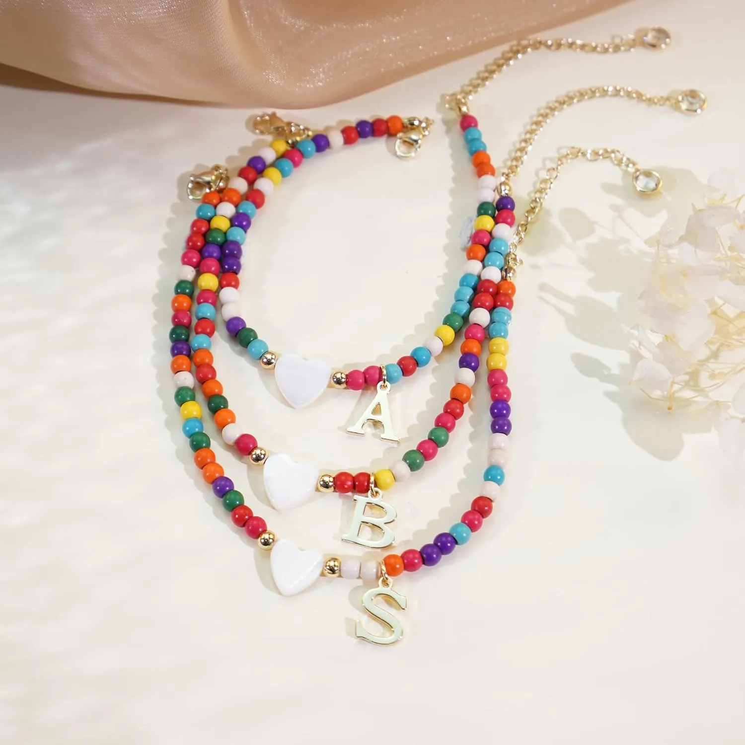 Initial Ankle Bracelets for Women - Cute Heart Charm Anklets, 14K Gold Plated Letter Colorful Beads Anklet | Summer Beach Trendy Jewelry | 2025 Personalized Birthday Gifts for Her