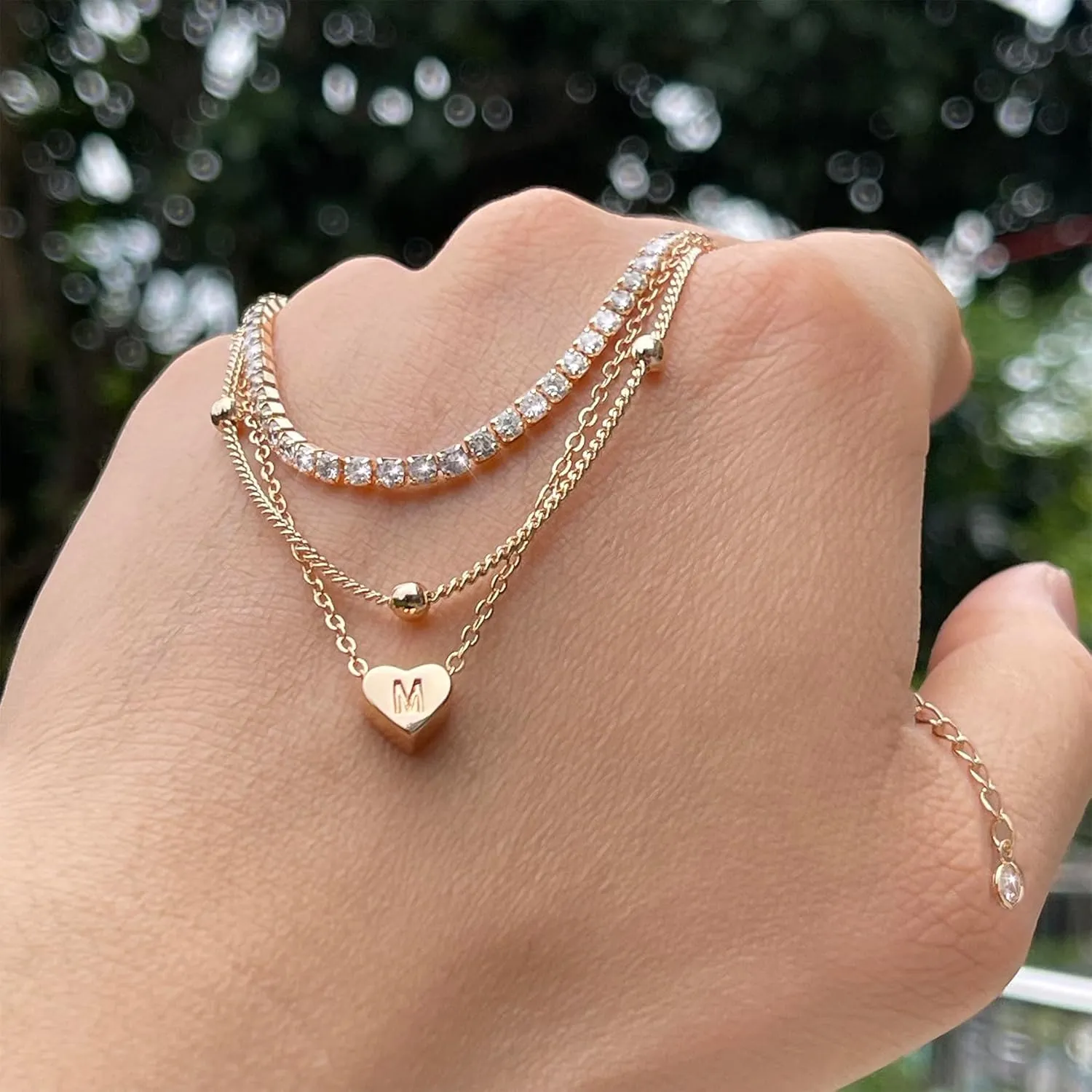 Initial Ankle Bracelets for Women, Dainty Gold Layered Heart CZ Bead Anklets, 14K Gold Plated Waterproof Summer Beach Jewelry Set