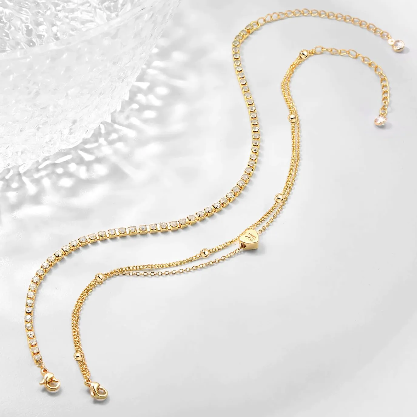 Initial Ankle Bracelets for Women, Dainty Gold Layered Heart CZ Bead Anklets, 14K Gold Plated Waterproof Summer Beach Jewelry Set