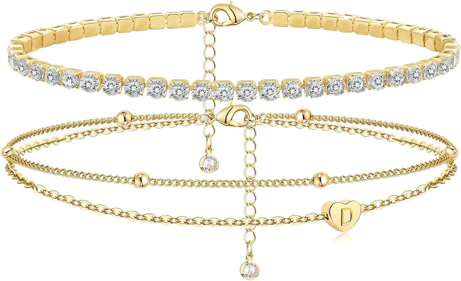Initial Ankle Bracelets for Women, Dainty Gold Layered Heart CZ Bead Anklets, 14K Gold Plated Waterproof Summer Beach Jewelry Set