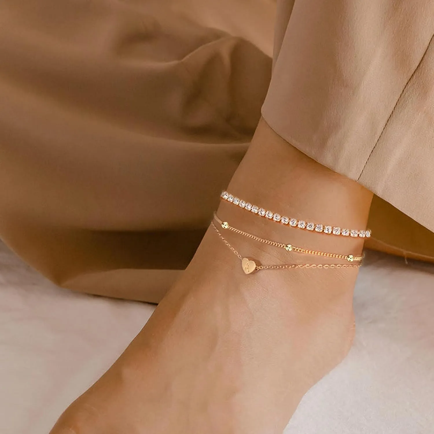 Initial Ankle Bracelets for Women, Dainty Gold Layered Heart CZ Bead Anklets, 14K Gold Plated Waterproof Summer Beach Jewelry Set