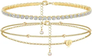 Initial Ankle Bracelets for Women, Dainty Gold Layered Heart CZ Bead Anklets, 14K Gold Plated Waterproof Summer Beach Jewelry Set