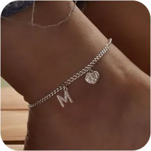 Initial Ankle Bracelets for Women Silver Plated Dainty Cuba Thin Chain Letter Name Anklets Cubic Zirconia Heart Anklets Bracelets Waterproof Minimalist Simple Anklets Fashion Summer Jewelry Anklet For Women