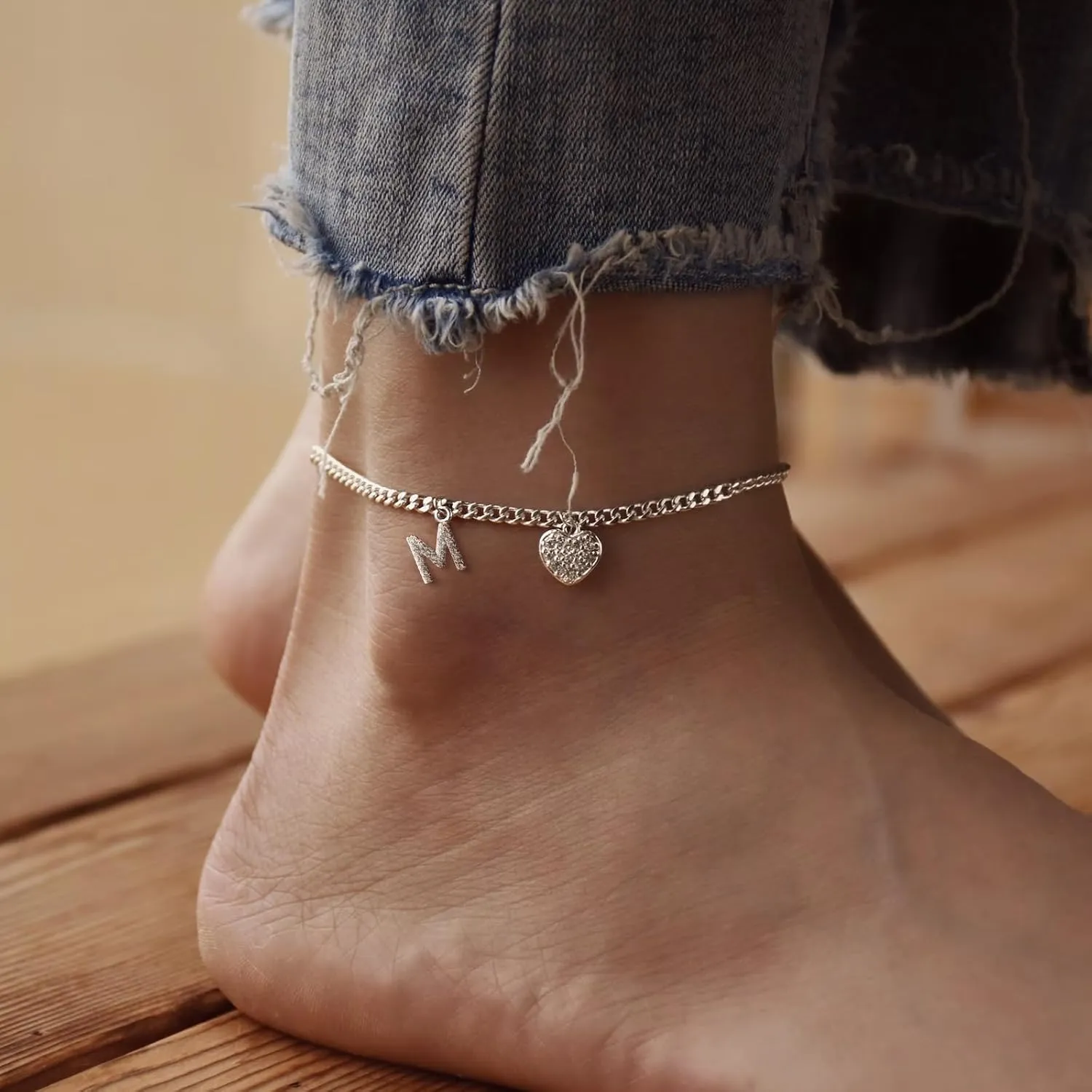 Initial Ankle Bracelets for Women Silver Plated Dainty Cuba Thin Chain Letter Name Anklets Cubic Zirconia Heart Anklets Bracelets Waterproof Minimalist Simple Anklets Fashion Summer Jewelry Anklet For Women