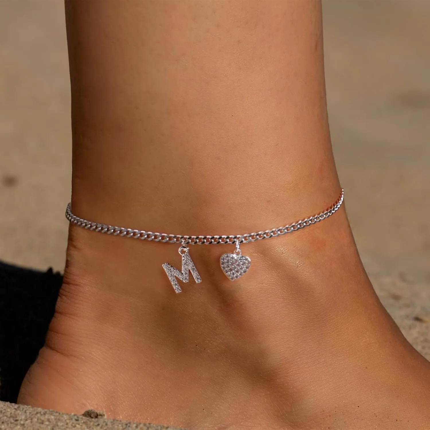 Initial Ankle Bracelets for Women Silver Plated Dainty Cuba Thin Chain Letter Name Anklets Cubic Zirconia Heart Anklets Bracelets Waterproof Minimalist Simple Anklets Fashion Summer Jewelry Anklet For Women
