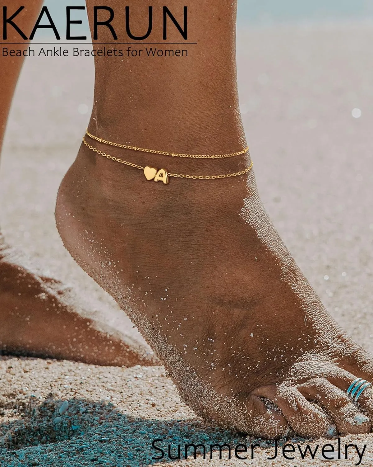 Initial Heart Gold Ankle Bracelets for Women Trendy 14K Gold Plated Dainty Layered Letter A-Z Heart Charm Anklets Set Non Tarnish Adjustable Anklet Handmade Waterproof for Summer Beach Foot Jewelry