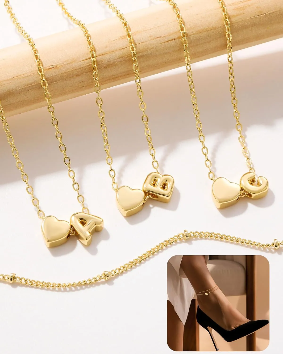 Initial Heart Gold Ankle Bracelets for Women Trendy 14K Gold Plated Dainty Layered Letter A-Z Heart Charm Anklets Set Non Tarnish Adjustable Anklet Handmade Waterproof for Summer Beach Foot Jewelry